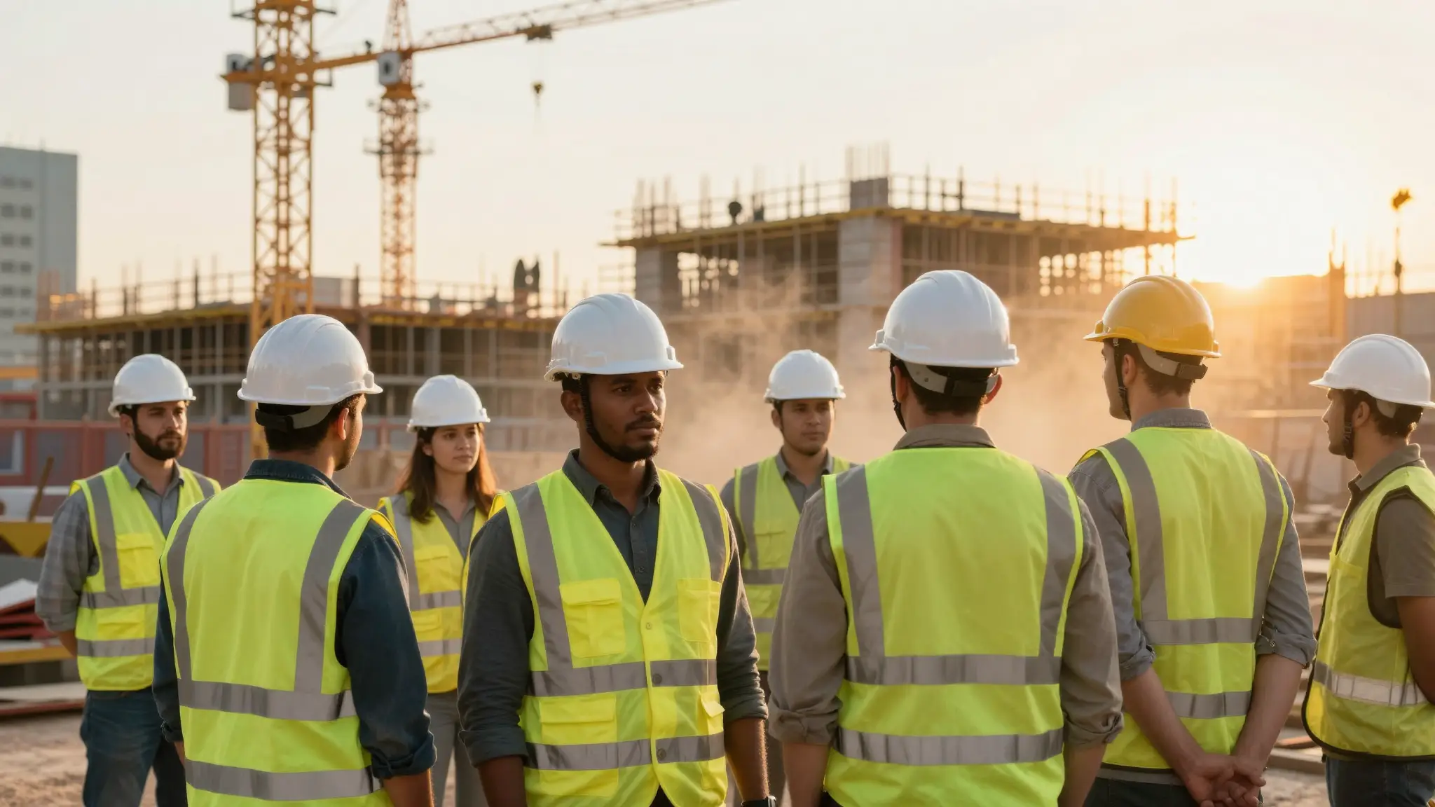 مجموعة من العمال يرتدون خوذ السلامة والسترات العاكسة في موقع بناء حديث يجسّد القوى العاملة وحقوق العمال